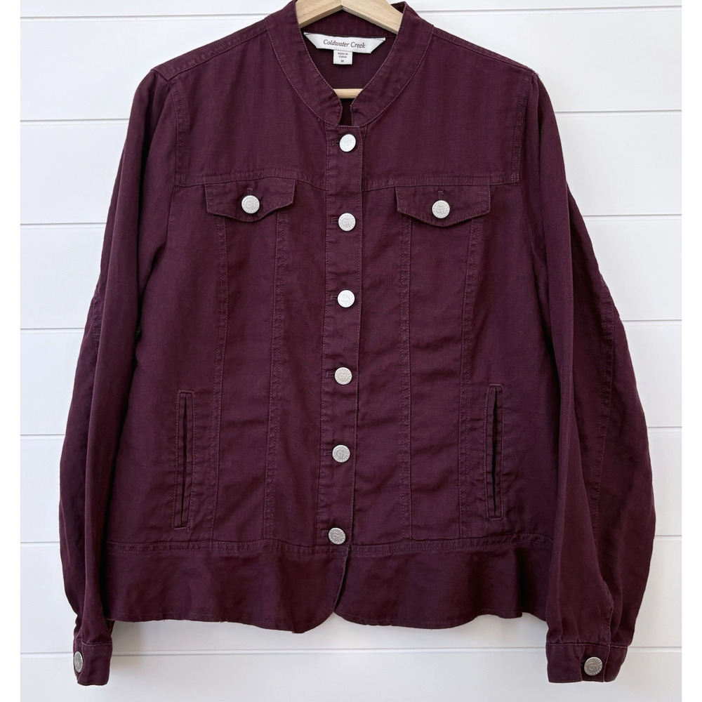 Coldwater Creek Lightweight 100% Linen Casual Jacket Button Up Ruffle Hem Plum